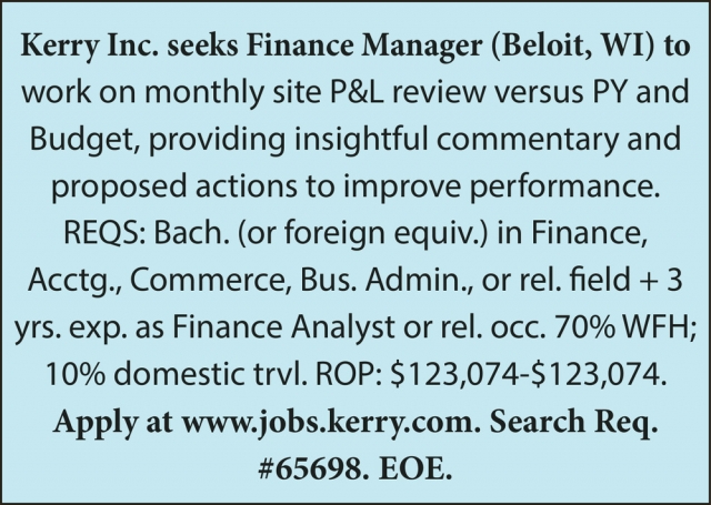 Finance Manager, kerry Inc - Beloit, Beloit, WI