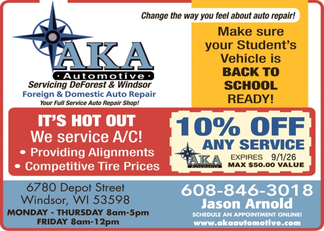 Make Sure Your Student's Vehicle is Back to School Ready!, AKA Automotive LLC, Windsor, WI
