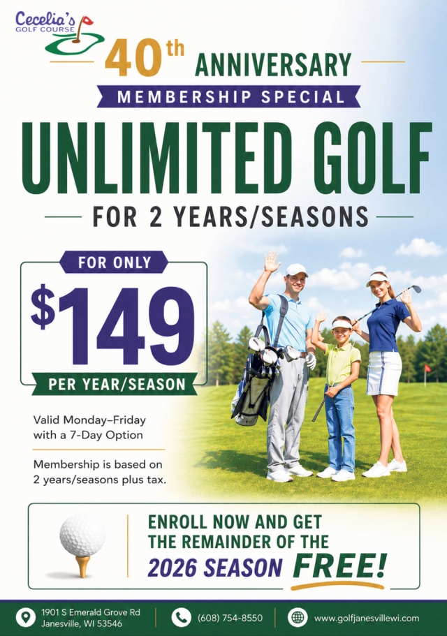 Unlimited Golf for 2 Years/Seasons, Cecelia's Golf Course, Janesville, WI