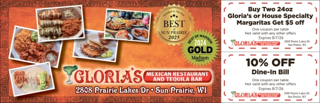 10% OFF Dine-In Bill, Gloria's Mexican Restaurant and Tequila, Madison, WI
