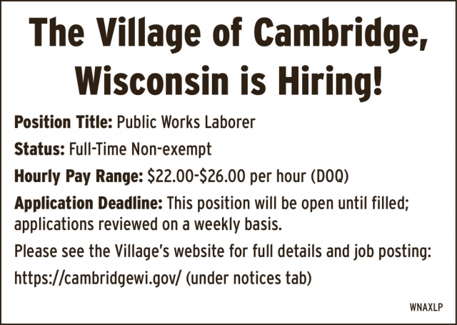Public Works Laborer, Village of Cambridge, Cambridge, WI
