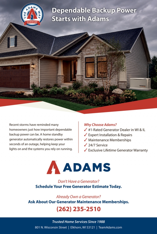 Dependable Backup Power, Adams Heating & Cooling, Elkhorn, WI