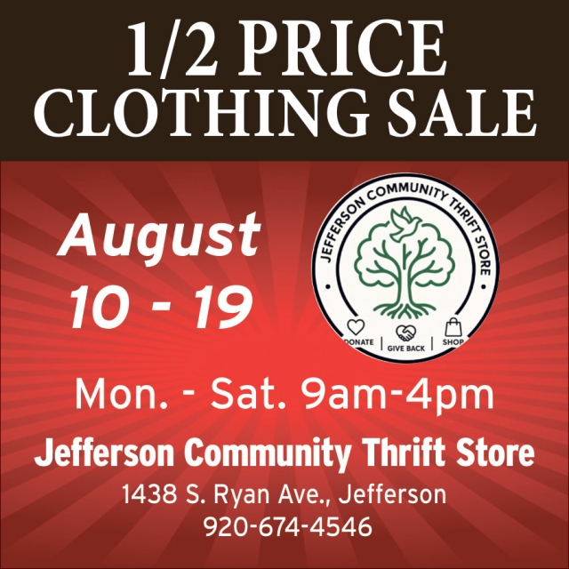 1/2 Price Clothing Sale, Jefferson Community Thrift Store
