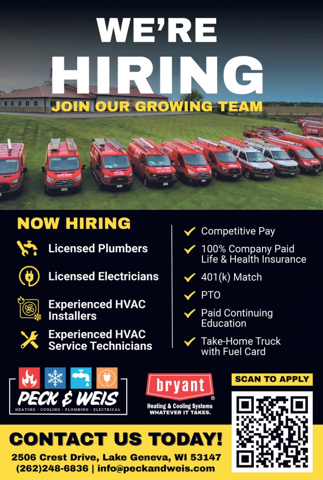 Join Our Growing Team, Peck & Weis, Lake Geneva, WI