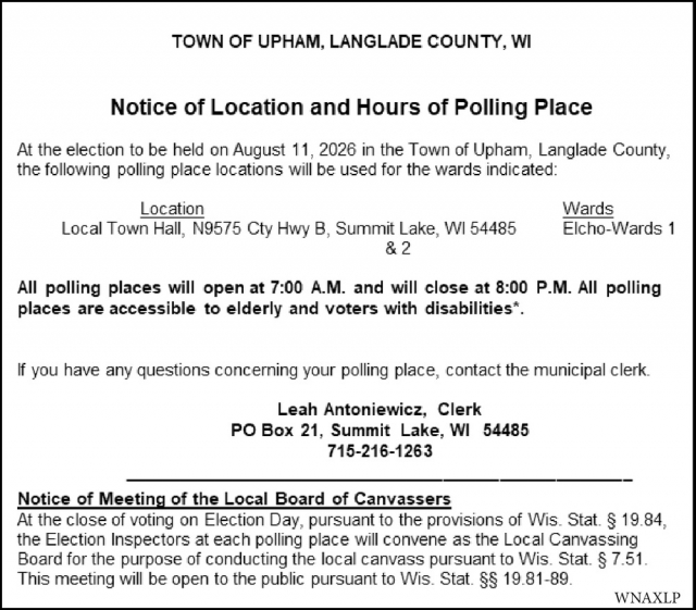 Notice, Town of Upham, Summit Lake, WI