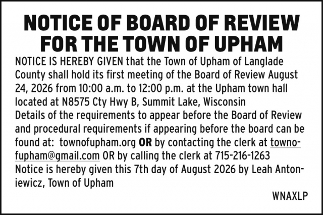 Notice, Town of Upham, Summit Lake, WI