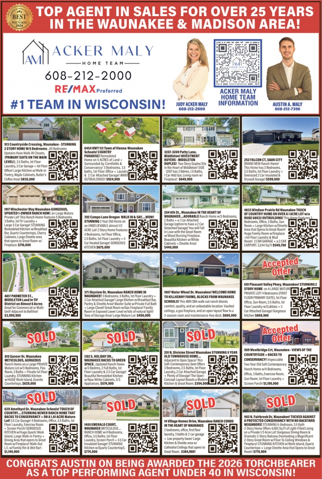 Top Agent In Sales For Over 25 Years In The Waunakee & Madison Area!, Re/Max - Judy Acker Maly, Waunakee, WI