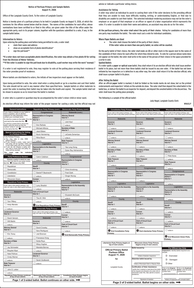 Notice of Partisan Primary and Sample Ballots, Langlade County Clerk