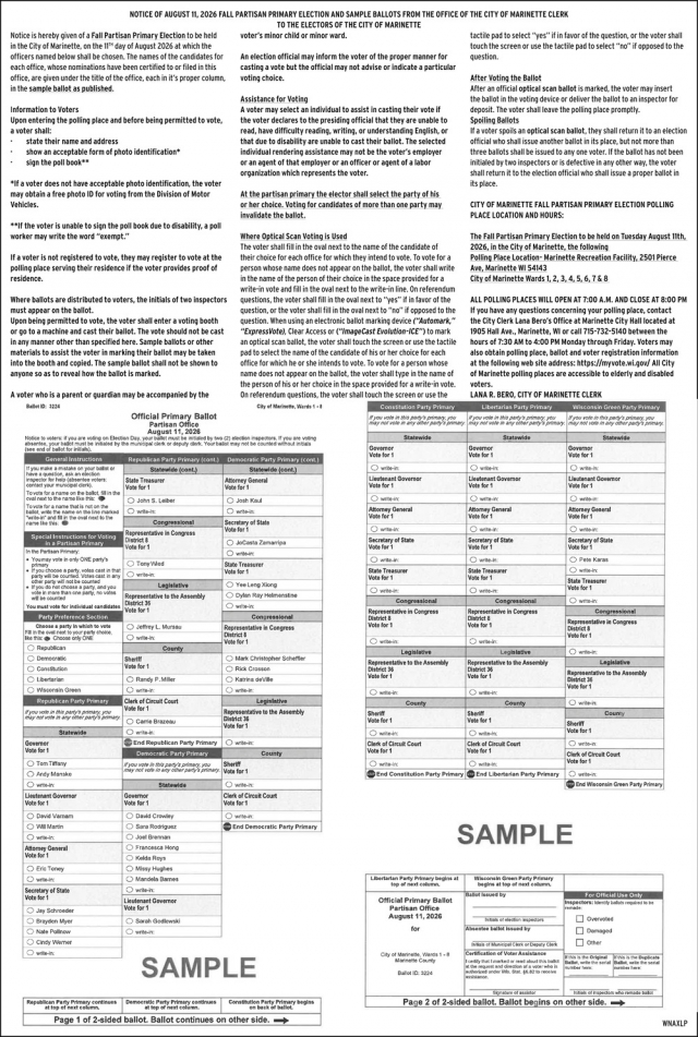 Public NoticeNotice of August 11, 2026 Fall Partisan Primary Election and Sample Ballots, City of Marinette, Marinette, WI