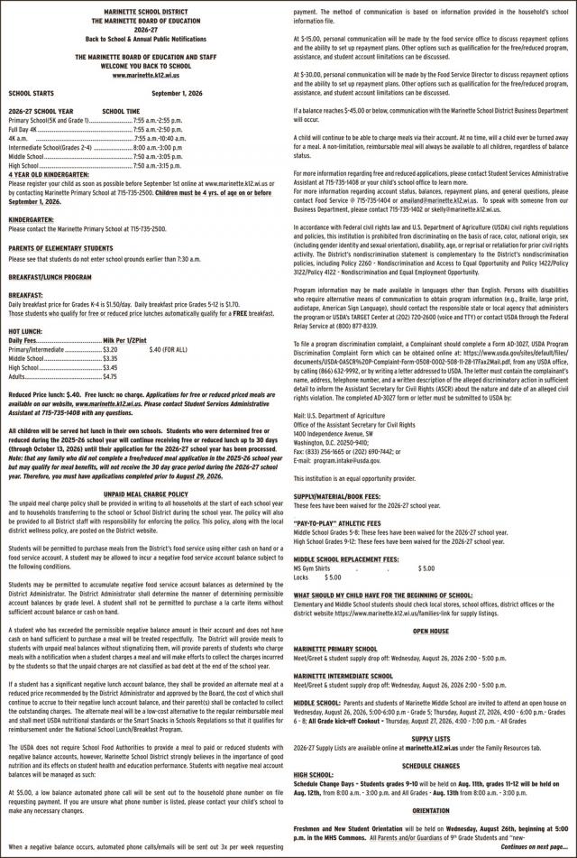 Back to School & Annual Public Notifications, Marinette School District, Marinette, WI