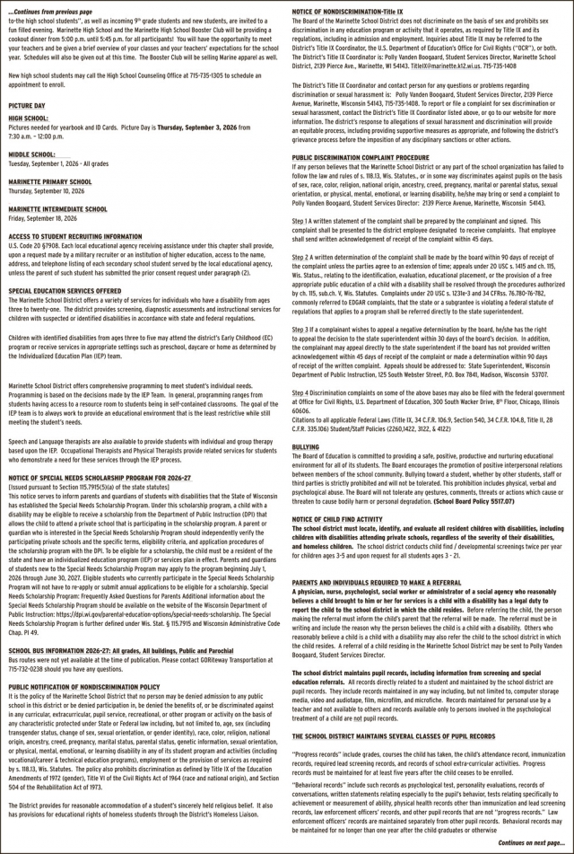 Back to School & Annual Public Notifications, Marinette School District, Marinette, WI