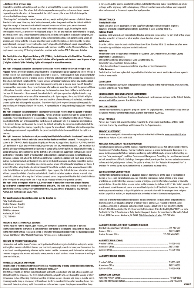 Back to School& Annual Public Notifications, Marinette School District, Marinette, WI