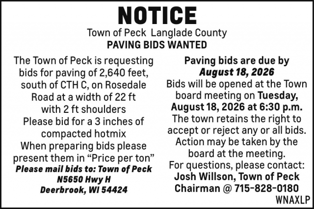Notice, Town of Peck, Deerbrook, WI