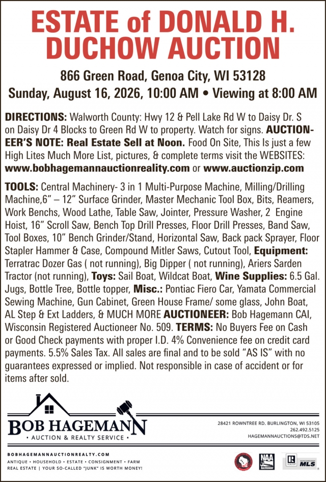 Estate of Donald H. Duchow Auction, Bob Hagemann Auction & Realty Service, Burlington, WI