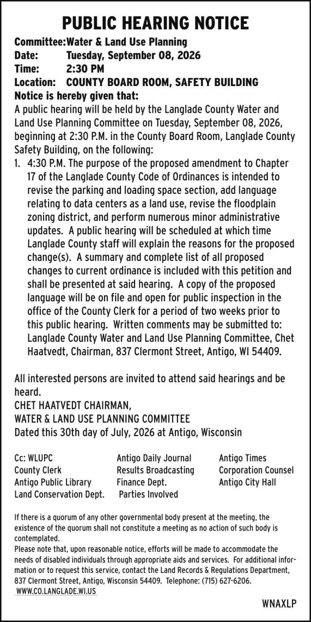 Public Hearing Notice, Langlade County