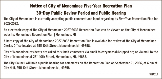 Notice, City of Menominee, Menominee, MI
