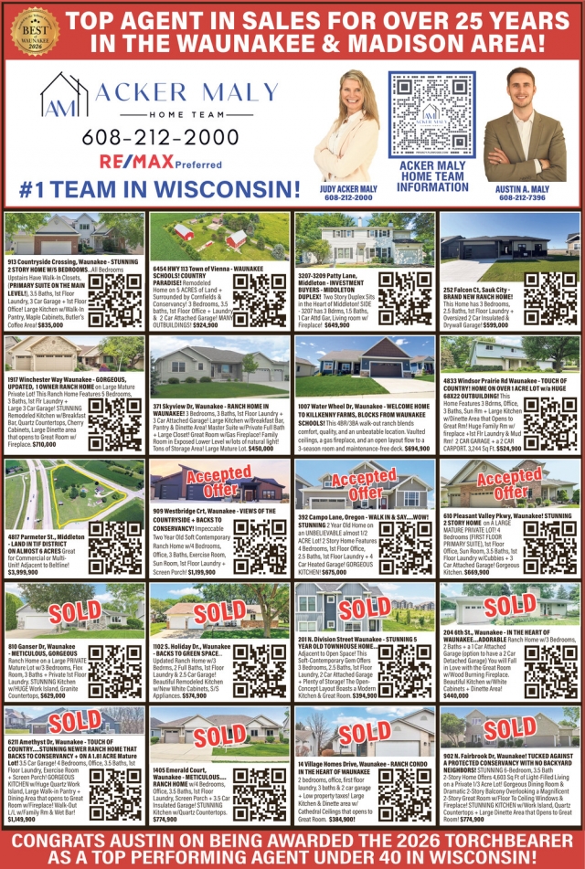 Top Agent In Sales For Over 25 Years In The Waunakee & Madison Area!, Re/Max - Judy Acker Maly, Waunakee, WI