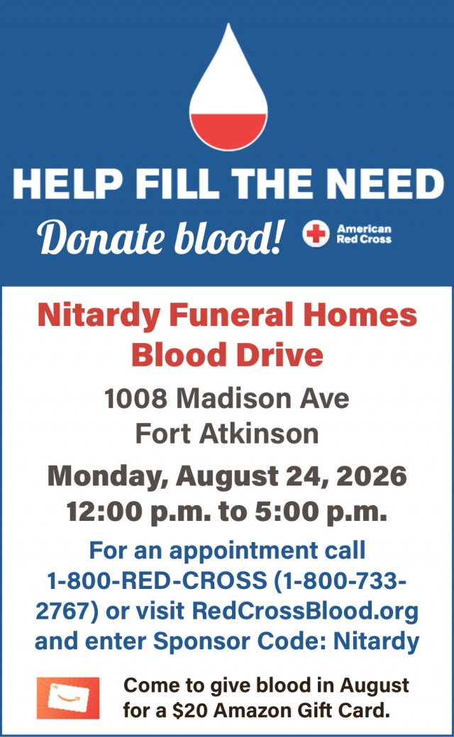 Donate Blood, Nitardy Funeral Home, Cambridge, WI