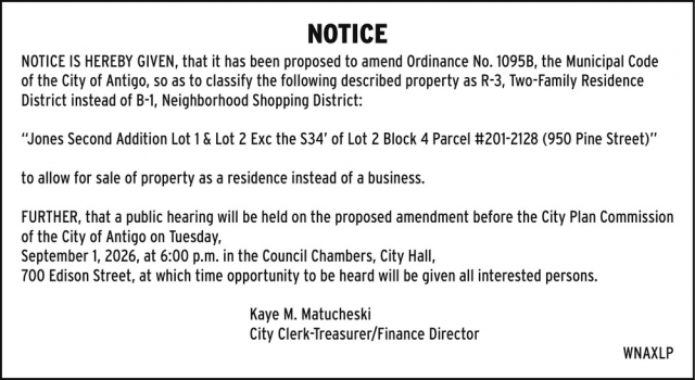 Notice, City of Antigo, Antigo, WI