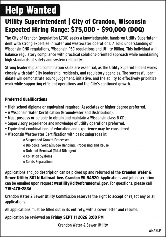 Utility Superintendent, Crandon Water & Sewer Utility, Crandon, WI