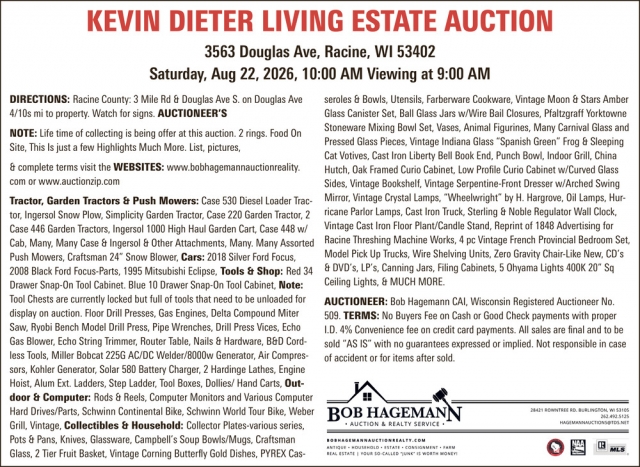 Kevin Dieter Living Estate Auction, Bob Hagemann Auction & Realty Service, Burlington, WI