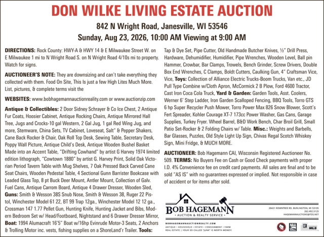 Don Wilke Living Estate Auction, Bob Hagemann Auction & Realty Service, Burlington, WI