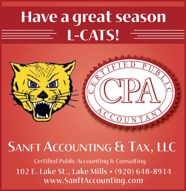 Have a great season L-Cats!, Sanft Accounting & Tax, LLC, Lake Mills, WI