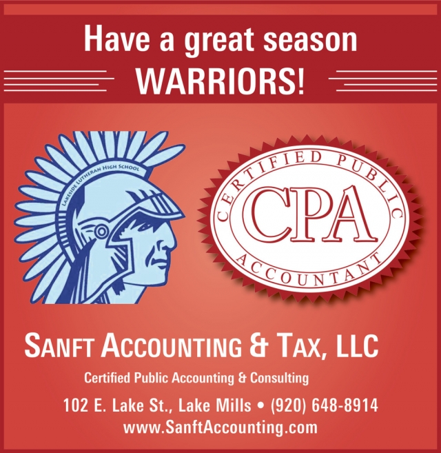 Have a great season Warriors!, Sanft Accounting & Tax, LLC, Lake Mills, WI