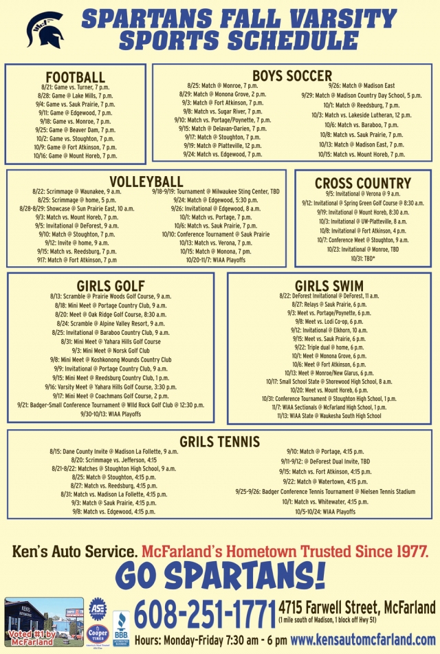 Spartans Fall Varsity Sports Schedule, Ken's Automotive Services, Mcfarland, WI
