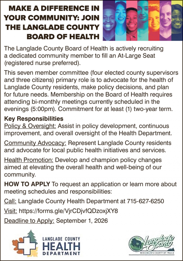 Join the Langlade County Board of Health, Langlade County Health Department, Antigo, WI