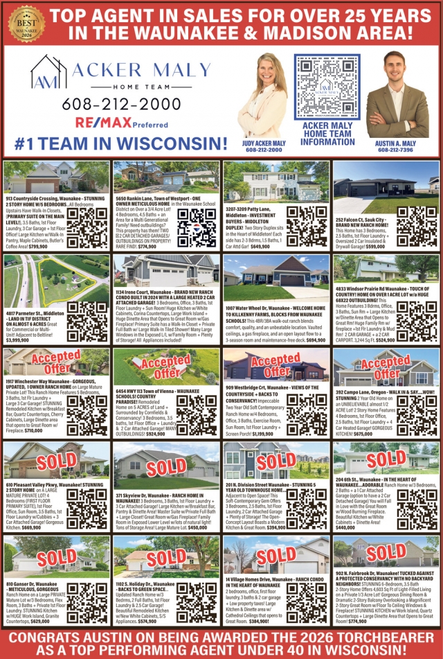Top Agent In Sales For Over 25 Years In The Waunakee & Madison Area!, Re/Max - Judy Acker Maly, Waunakee, WI