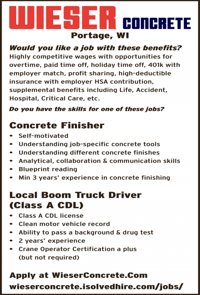 Concrete Finisher Truck Driver, Wieser Concrete