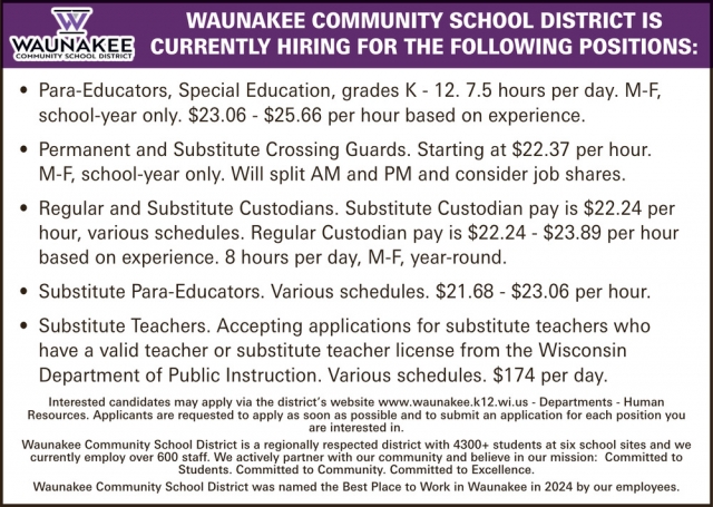 Para-Educators, Waunakee Community School District, Waunakee, WI
