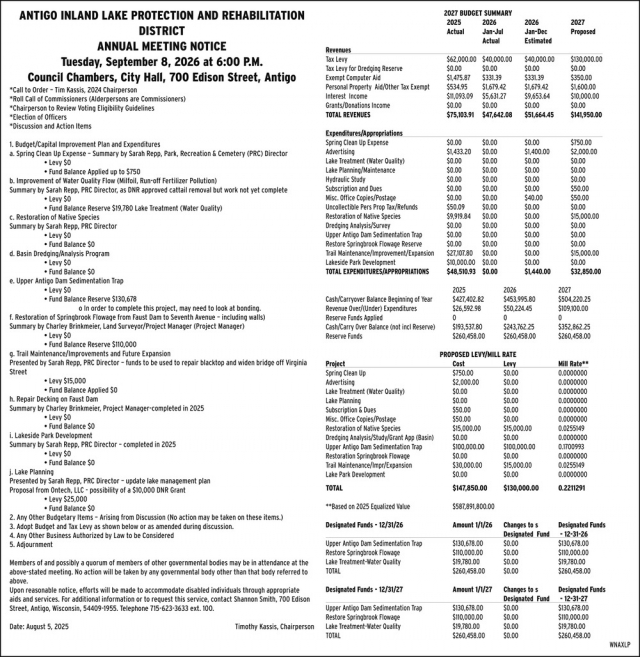 Annual Meeting Notice, City of Antigo, Antigo, WI
