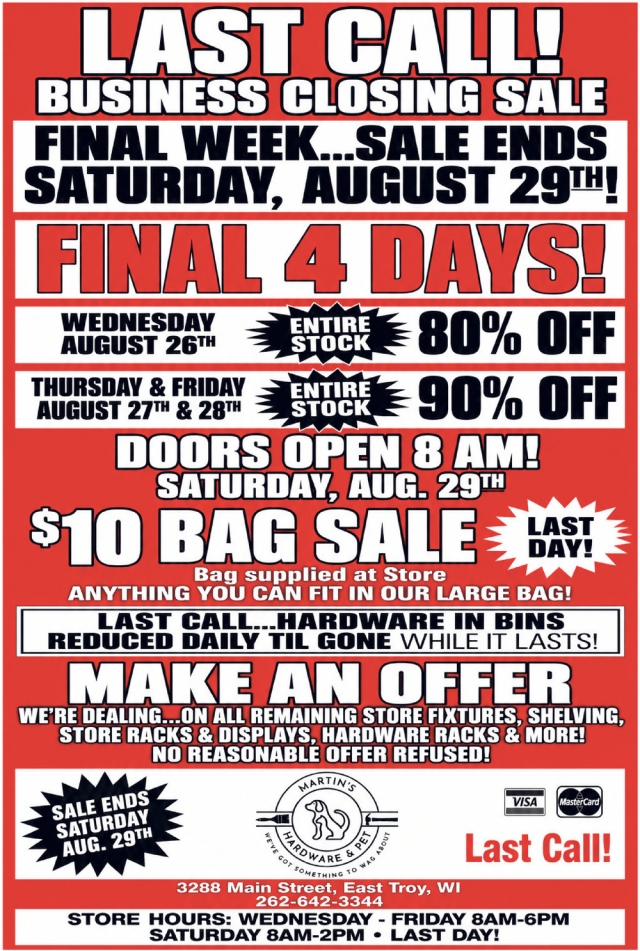 Store Closing Sale, Martin's Hardware & Pet, East Troy, WI