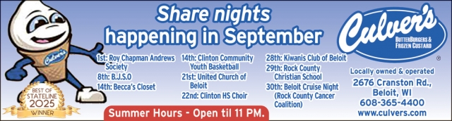 Share nights happening in September, Culver's of Beloit, Beloit, WI