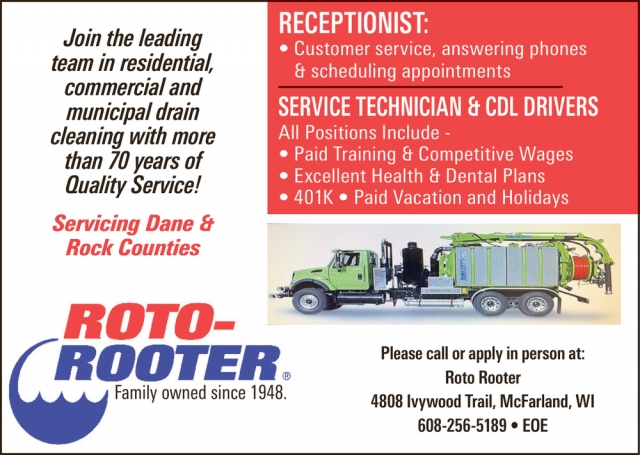 Receptionist - Service Techniciannad & Cdl Drivers, Roto-Rooter - Mcfarland