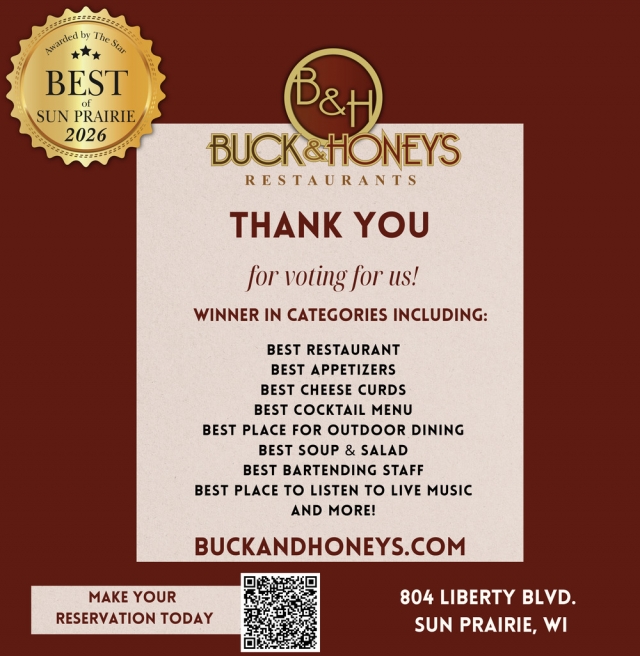 Thank You For Voting Us, Buck & Honey's Restaurant, Mount Horeb, WI