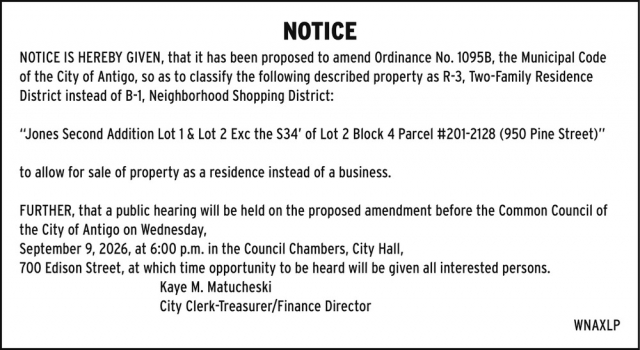 Notice, City of Antigo, Antigo, WI