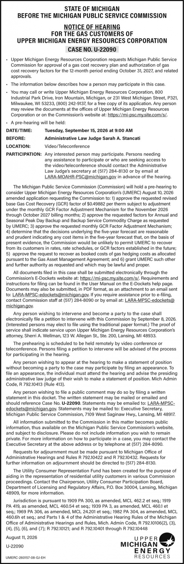 Notice of Hearing, Upper Michigan Energy Resources