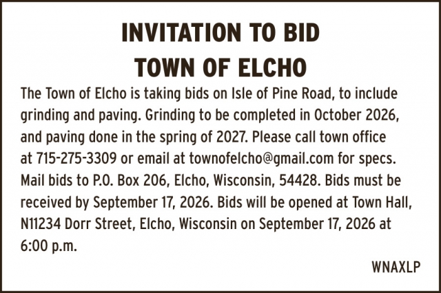 Invitation To Bid, Town Of Elcho, Elcho, WI