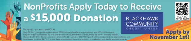 Nonprofits Apply Today To Receive A $15,000 Donation, Blackhawk Community Credit Union, Stoughton, WI