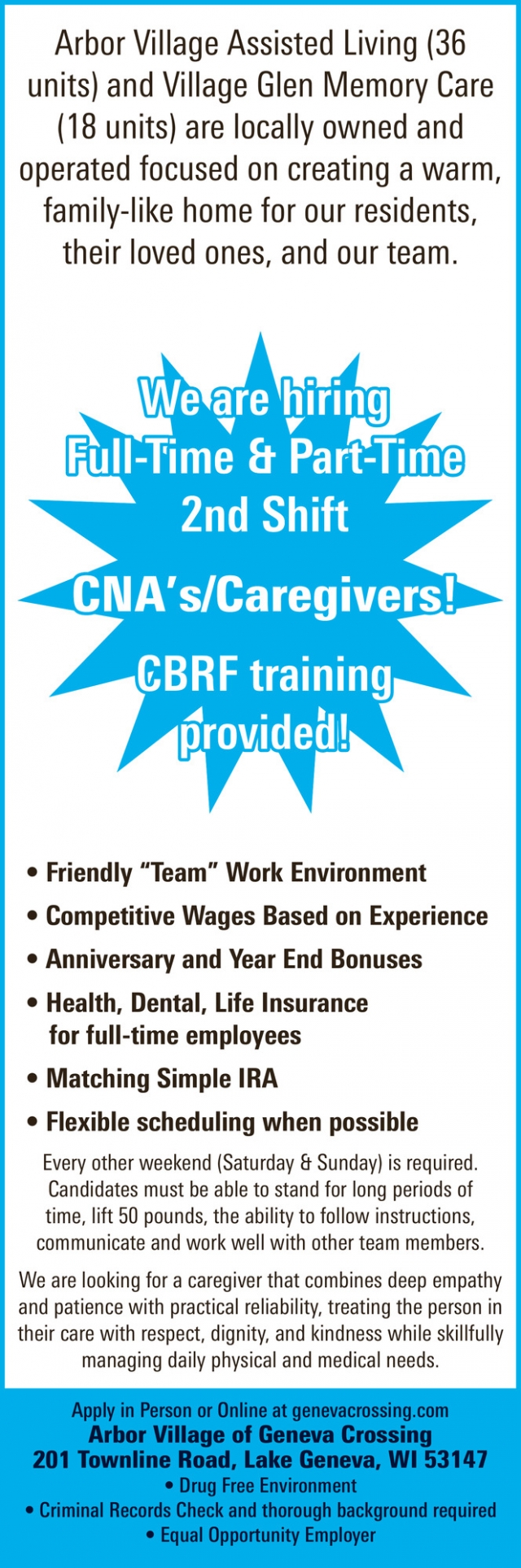Caregiver, Geneva Crossing Senior Community, Lake Geneva, WI