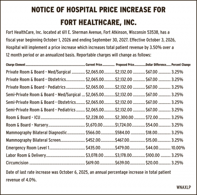 Notice Of Hospital Price Increase, Fort HealthCare for Health, Fort Atkinson, WI