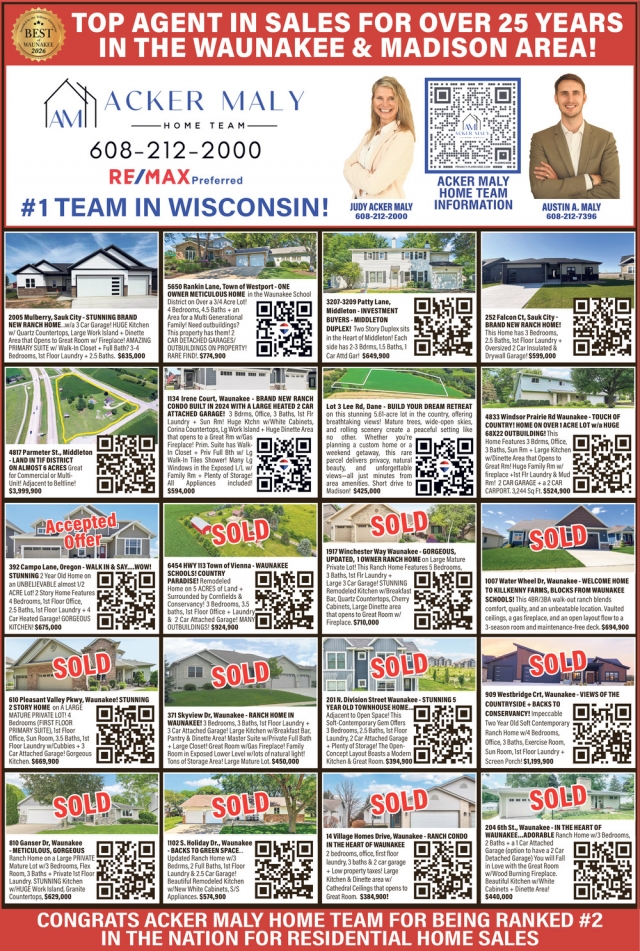 Top Agent In Sales For Over 25 Years In The Waunakee & Madison Area!, Re/Max - Judy Acker Maly, Waunakee, WI