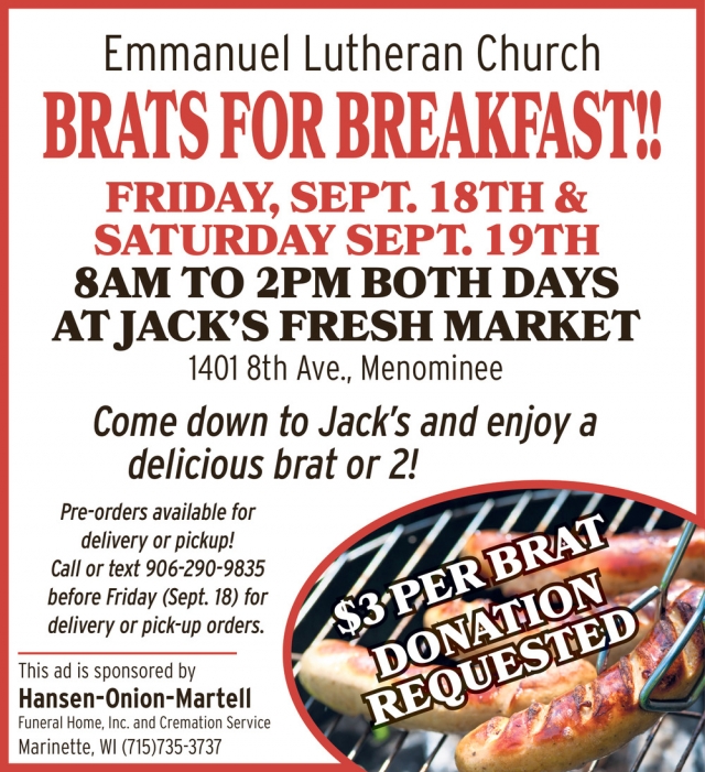 Brats For Breakfast!!, Emmanuel Lutheran Church Brats For Breakfast (September 18, 2026)