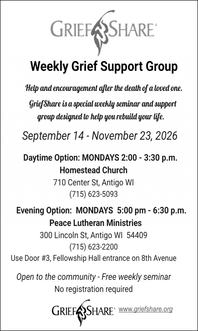 Weekly Grief Support Group, Griefshare Support Group at Peace Lutheran Ministries, Antigo, WI