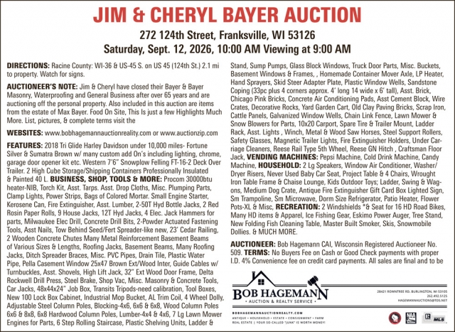 Jim & Cheryl Bayer Auction Auction, Bob Hagemann Auction & Realty Service, Burlington, WI