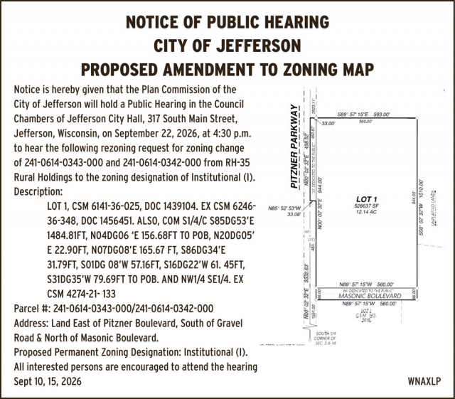 Notice Of Public Hearing, City Of Jefferson, Jefferson, WI