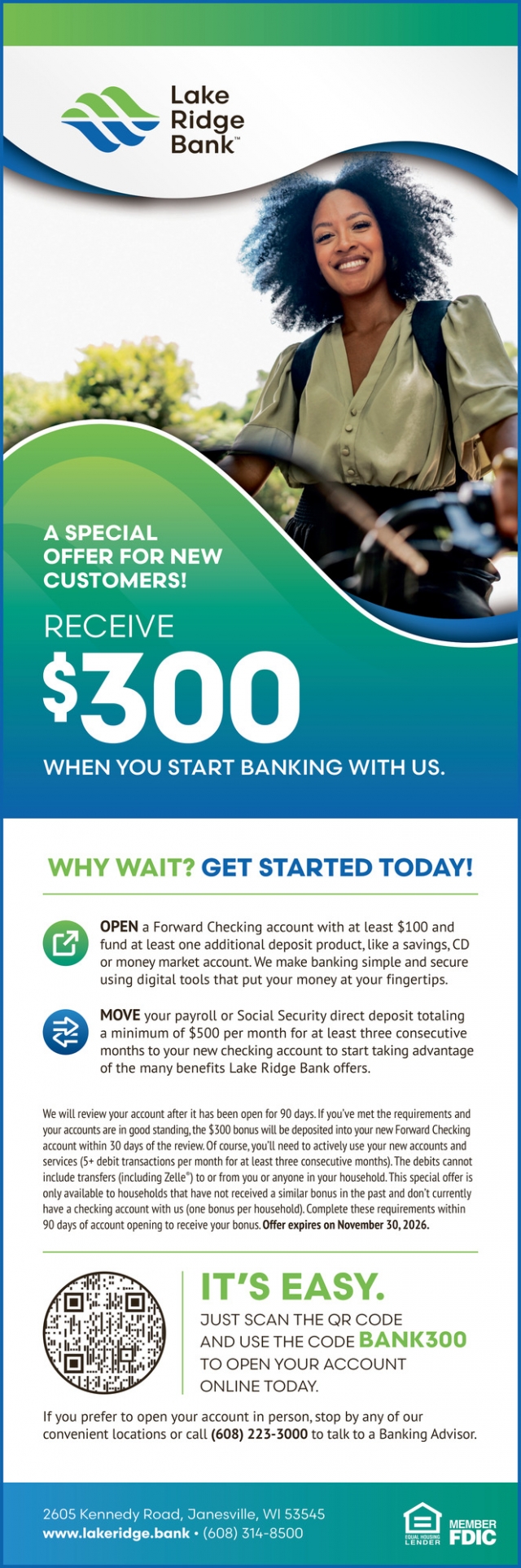 A Special Offer For New Customers!, Lake Ridge Bank, Madison, WI